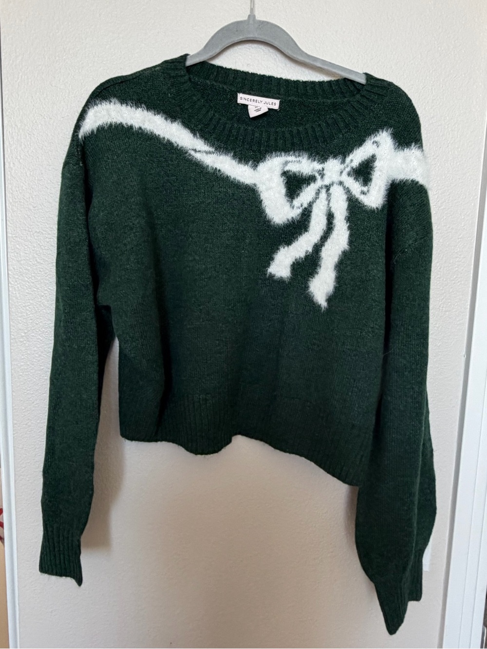 Sincerly Jules Dark Green Crewneck Sweater with White Bow Accent